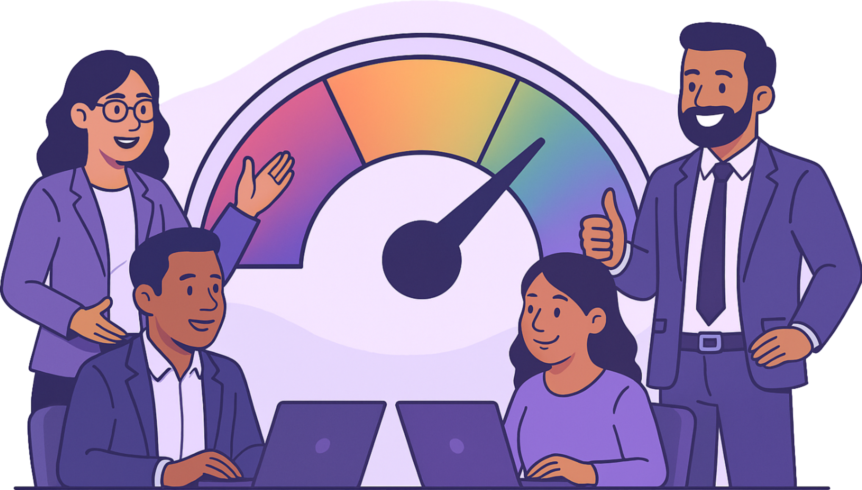 Team analyzing SeeSurance report with performance gauge